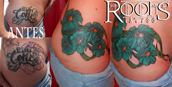 Cómo tapar un tatuaje grande de nombre con relieve con flores – ROOTS  TATTOO GRANADA